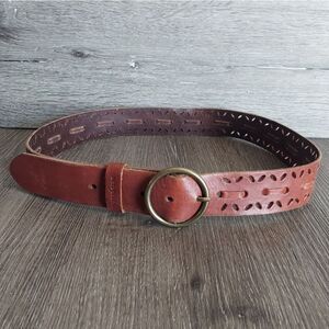 Aeropostale Brown Leather Perforated Belt with Round Gold Buckle 43" Long